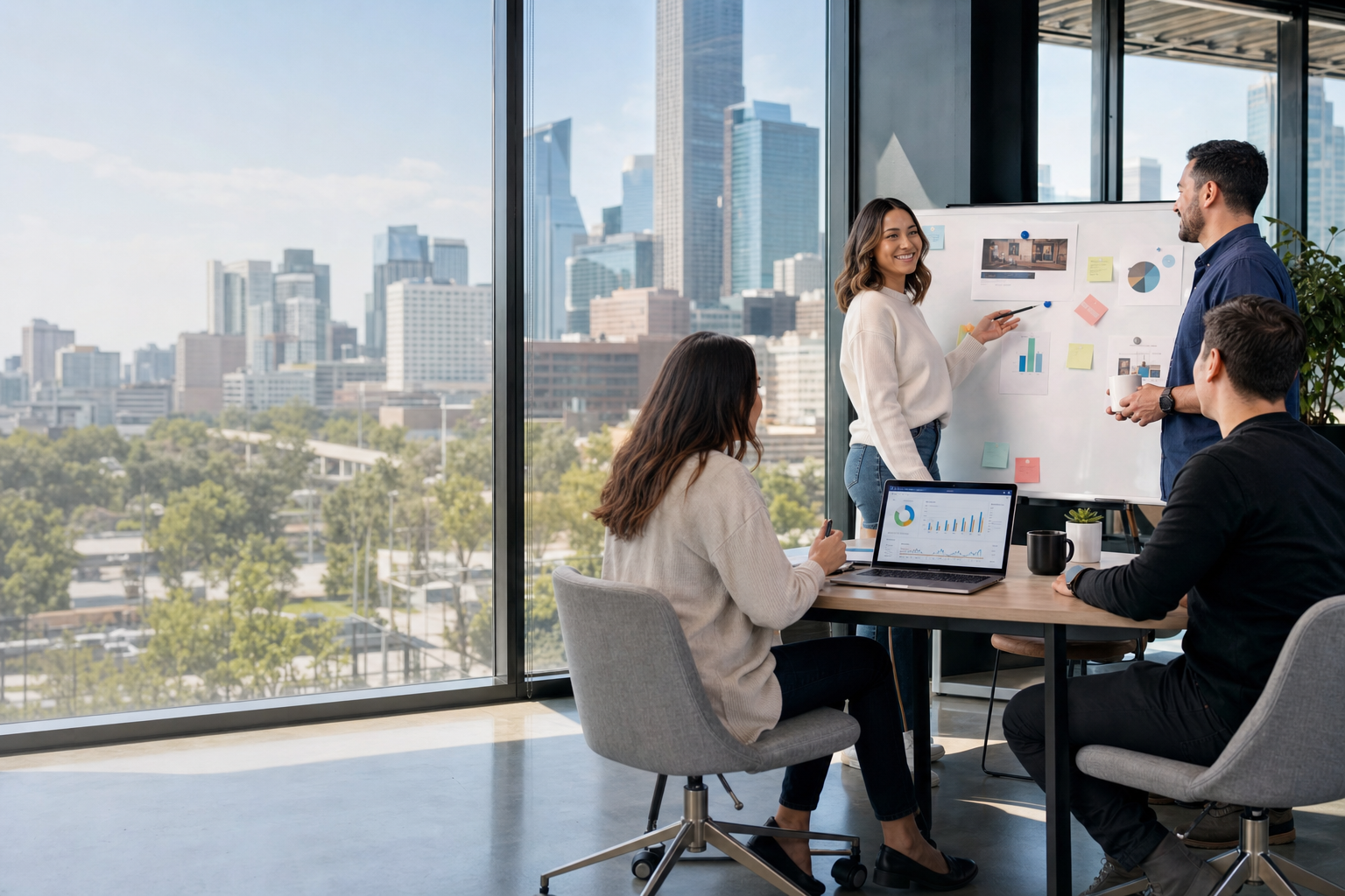 A confident local marketing team collaborating in a bright modern Houston office, laptops and a city skyline visible through the window
